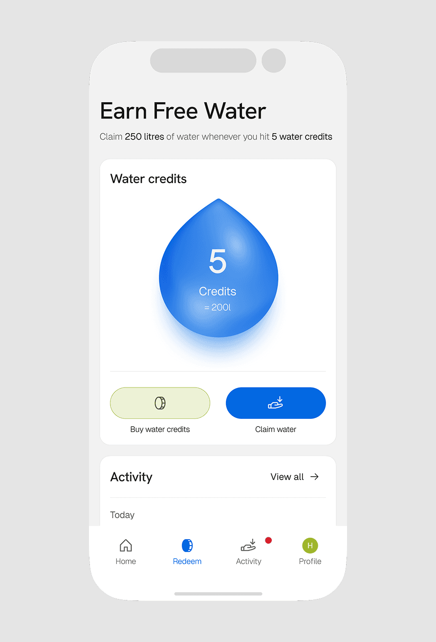 The redemption screen in the Earn Free Water app, where users claim free water delivery using credits they've earned.