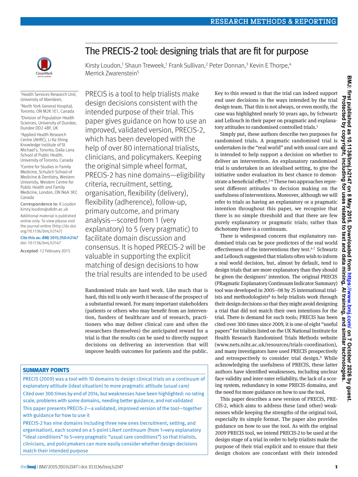 First page of The PRECIS-2 tool: designing trials that are fit for purpose