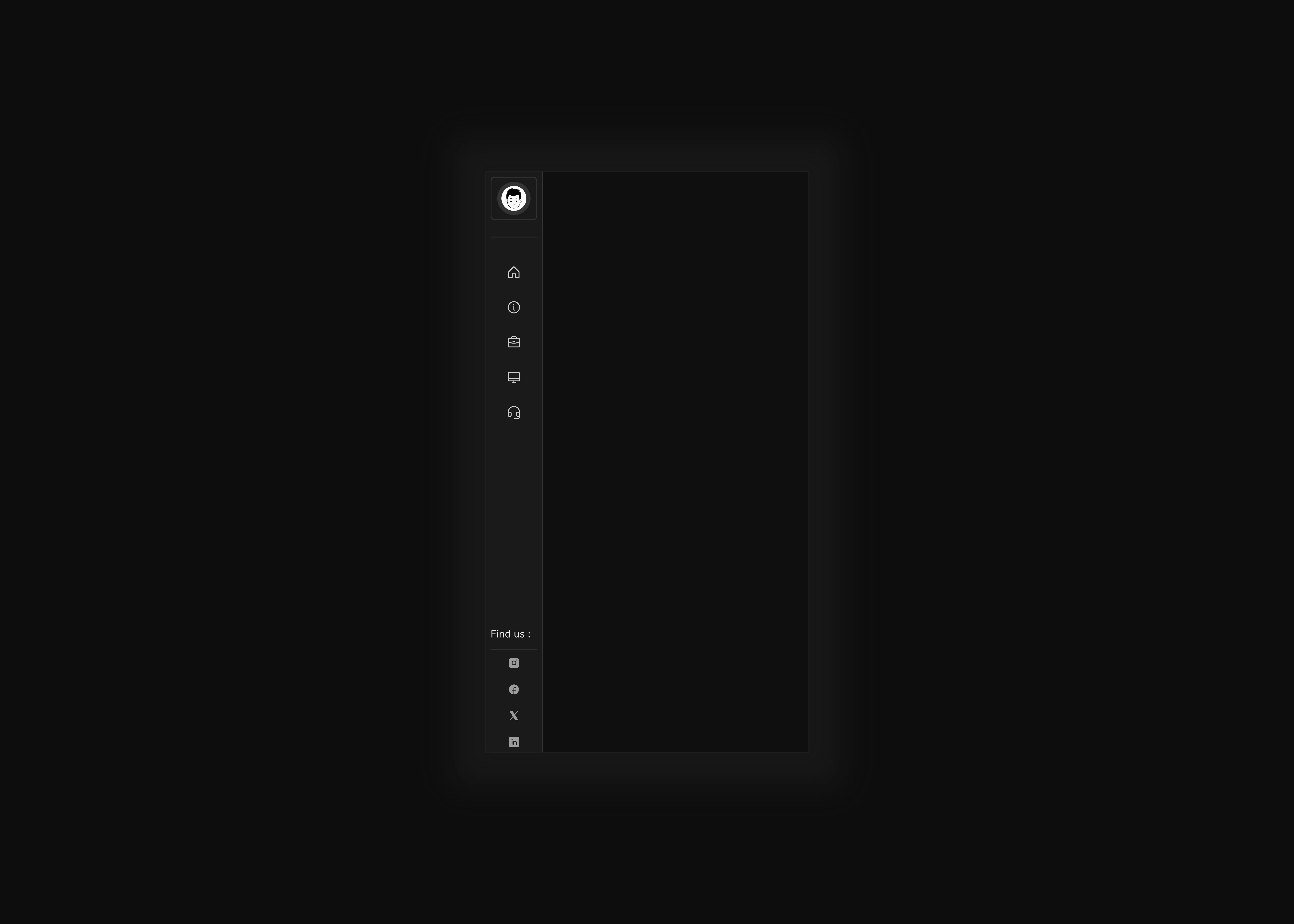 A dark themed sidebar ui with user profile, menu options and social buttons for mobile screens