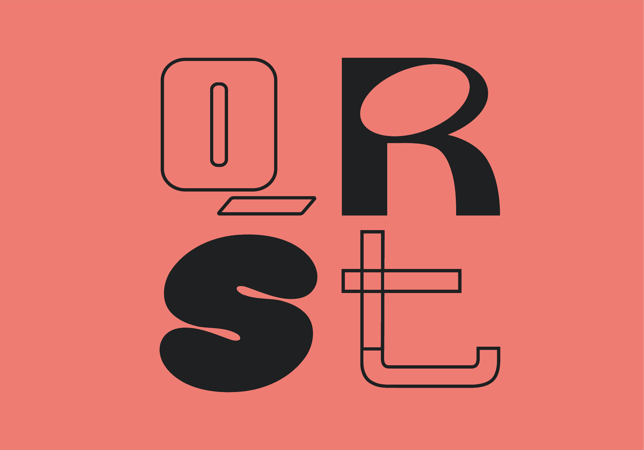 Experimental type on a coloured background showing the letters Q R S T