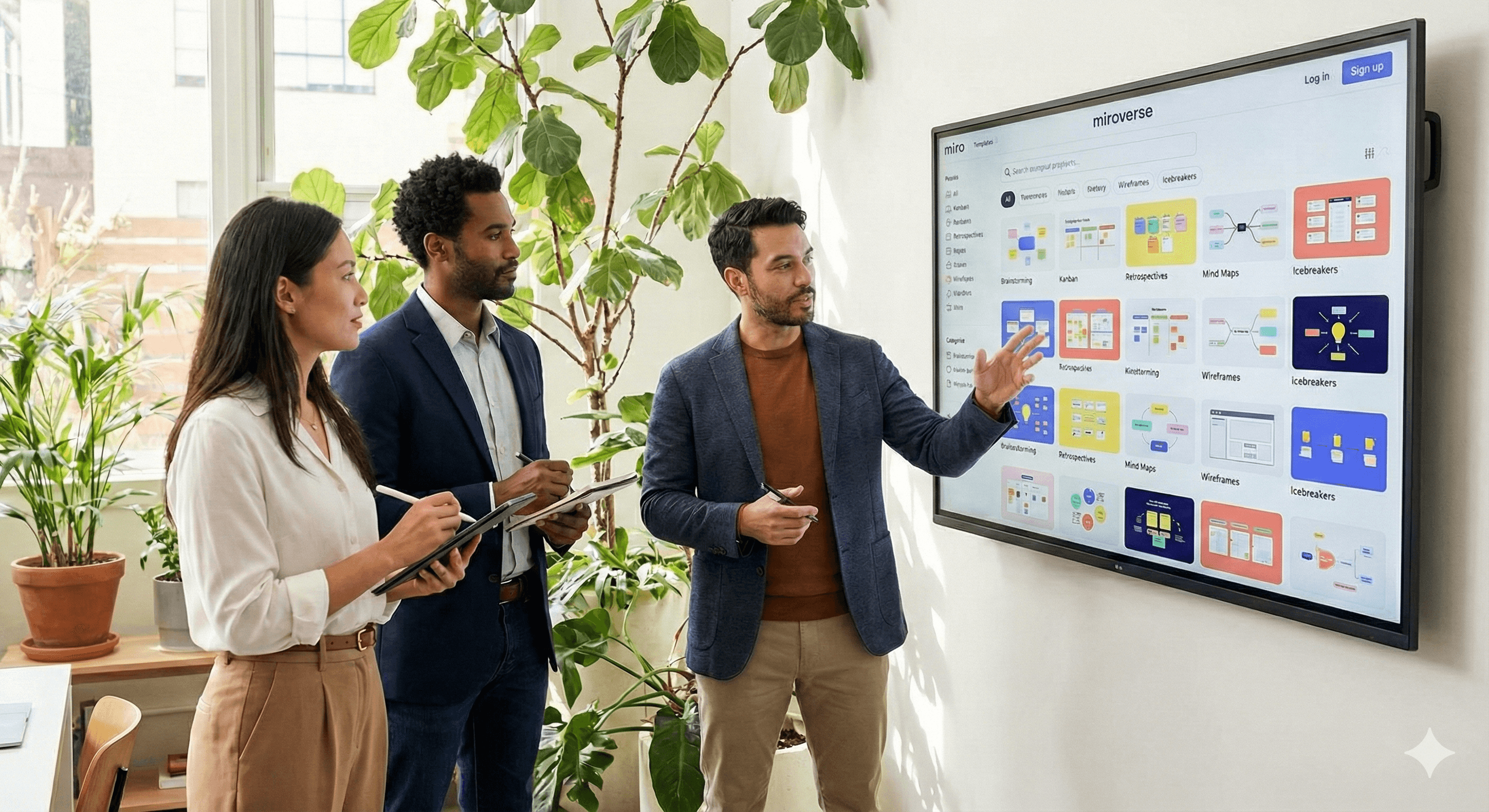 A diverse team of three people are engaged in a collaborative discussion in a modern office space, with a large screen displaying various colorful templates from Miroverse, showcasing creative project options; the room is decorated with potted plants and bathed in natural light, reflecting a vibrant and innovative atmosphere.