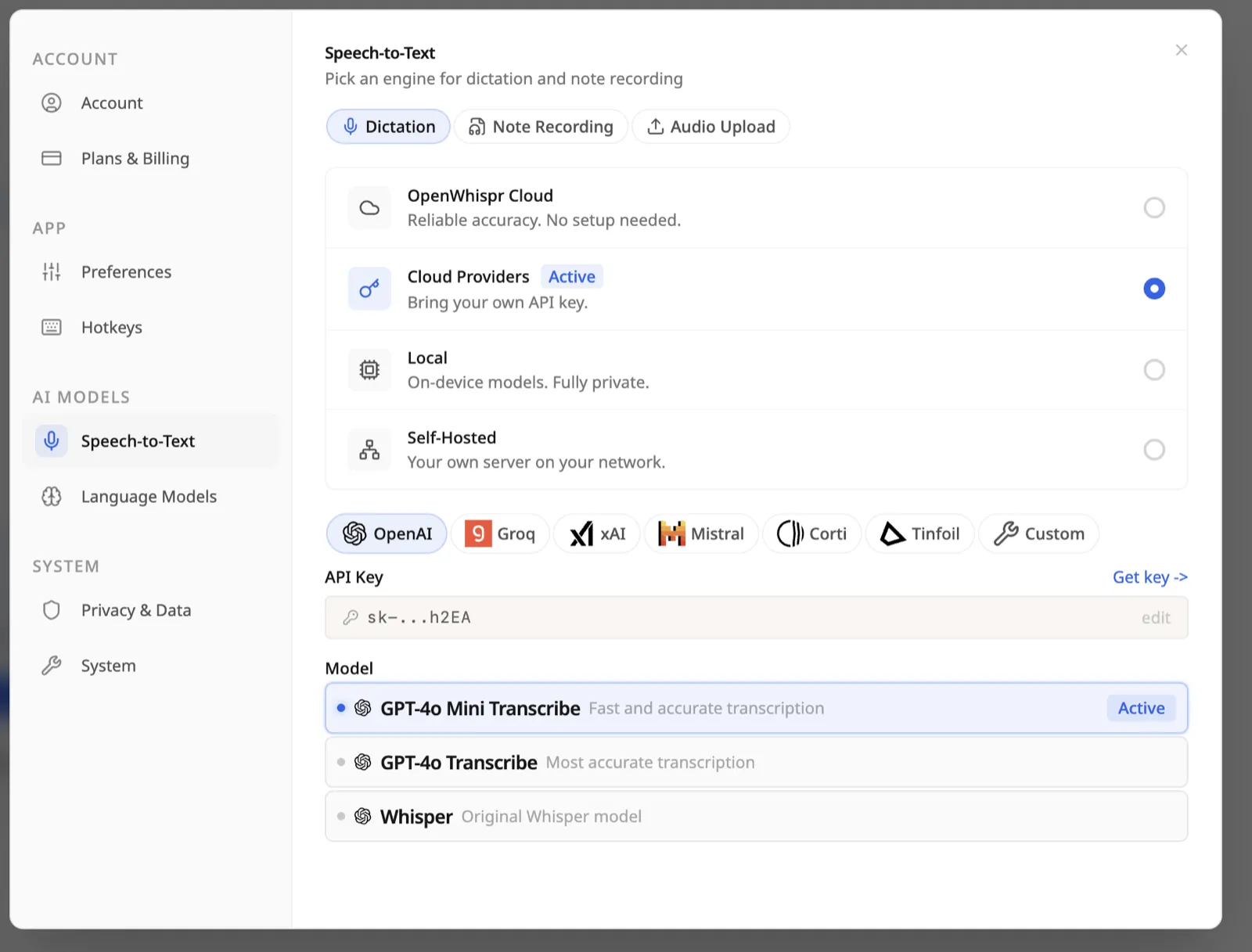 OpenWhispr Speech-to-Text settings with Cloud Providers, OpenAI and GPT-4o Mini Transcribe selected