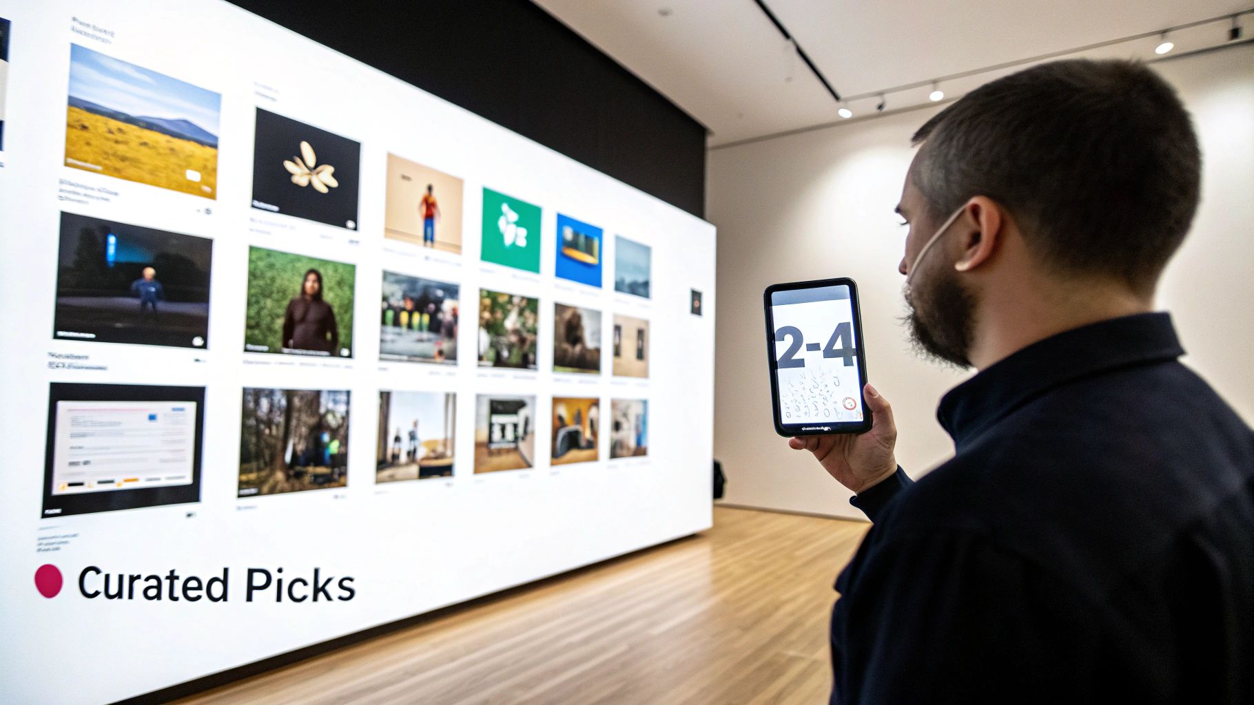A man uses a smartphone to interact with a large digital display of curated images in a modern gallery.