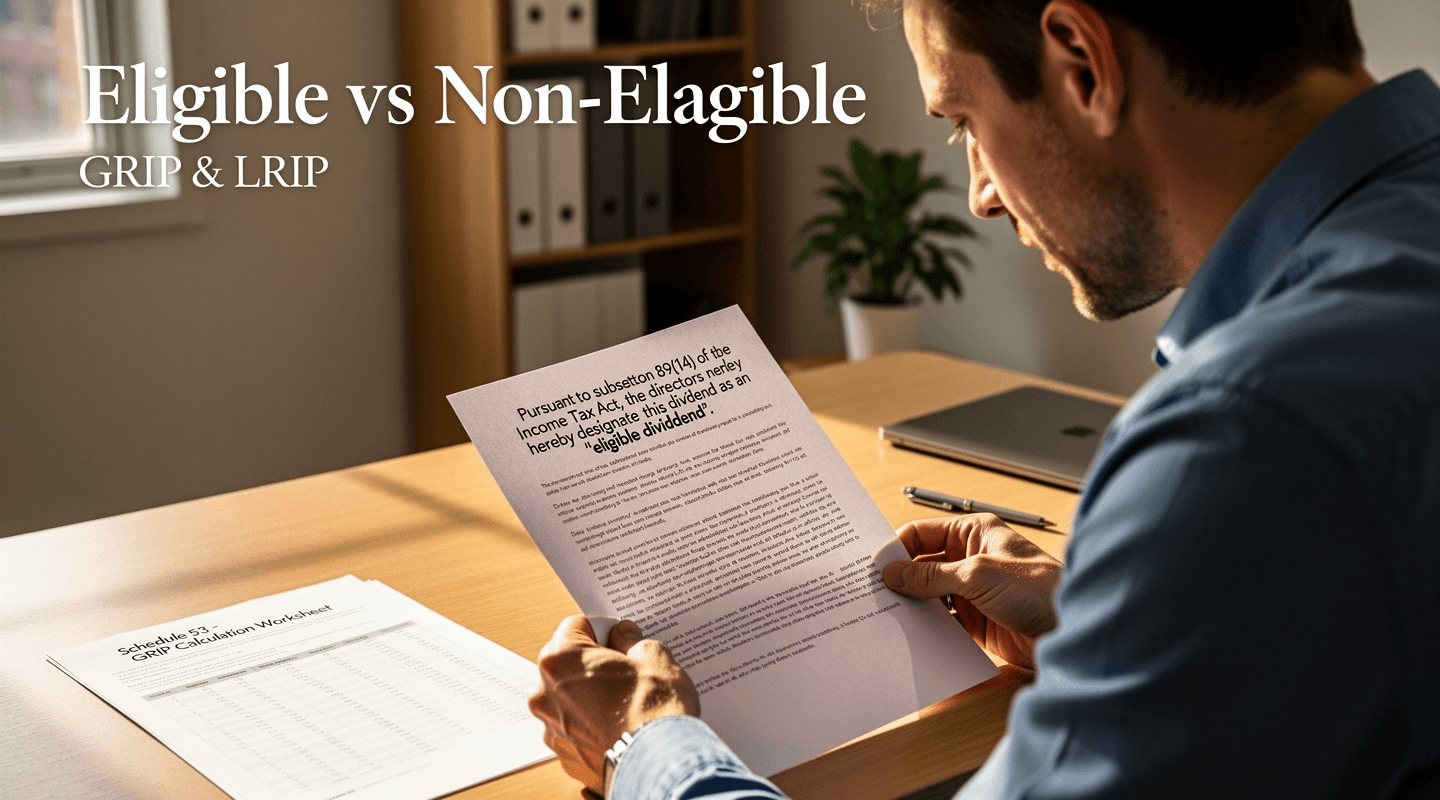 A directors' resolution authorising a dividend, with the section 89(14) eligible-dividend designation language visible, beside a Schedule 53 GRIP calculation