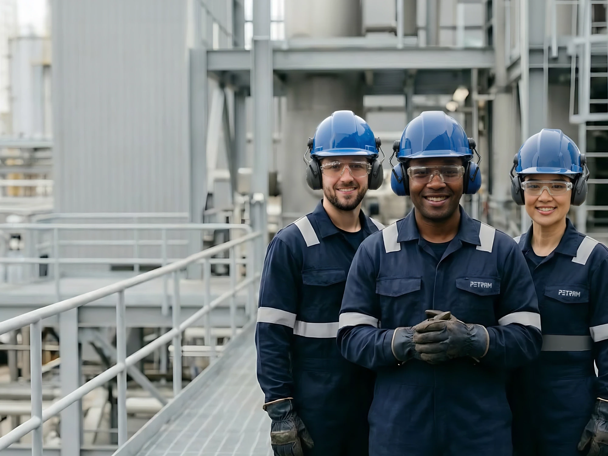 Three diverse industrial workers wearing blue hard hats, safety glasses, and navy coveralls at a modern manufacturing facility.