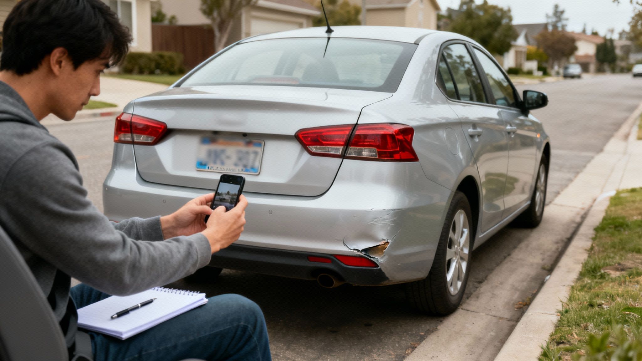 Man documenting car damage with smartphone and notepad for insurance claim purposes