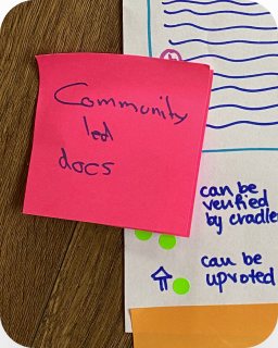A sticky note reading community lab docs