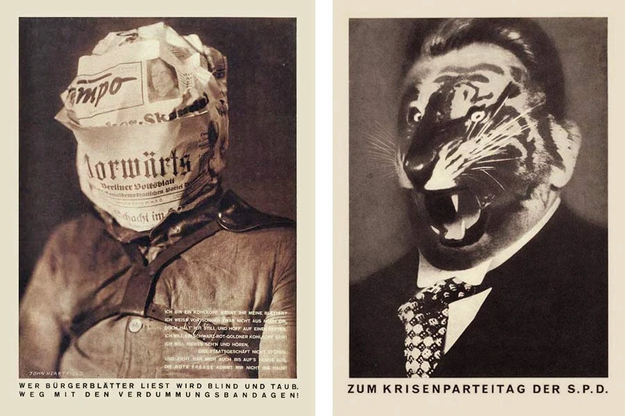 John Heartfield – “Whoever Reads Bourgeois Newspapers Becomes Blind and Deaf: Away with These Stultifying Bandages!”, AIZ Magazine, 1930; John Heartfield – Crisis Party Congress of the SPD – AIZ Magazine, 1931 
