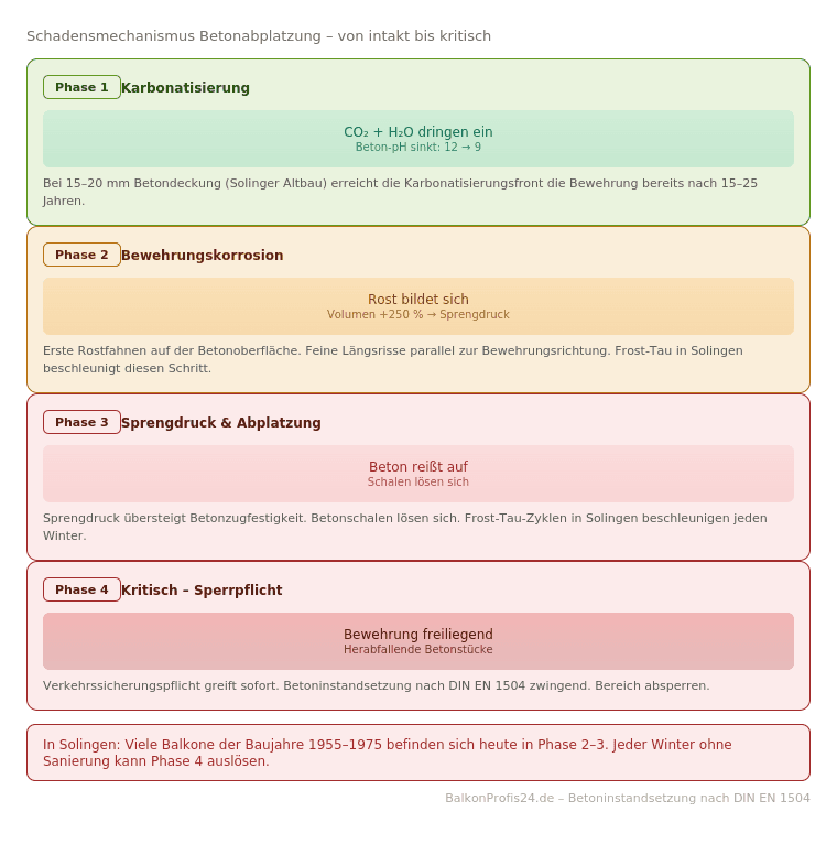 Infografik: Vierstufiger Schadensmechanismus der Betonabplatzung an Balkonen in Solingen – von der Karbonatisierung des Betons über Bewehrungskorrosion und Sprengdruck bis zur kritischen Abplatzung mit freiliegendem Bewehrungsstahl, mit Solinger Klimakontext