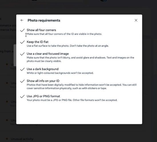 Meta Photo requirements: show all four corners, keep the ID flat, use a clear and focused image, use a dark background, show all info, use JPG or PNG.