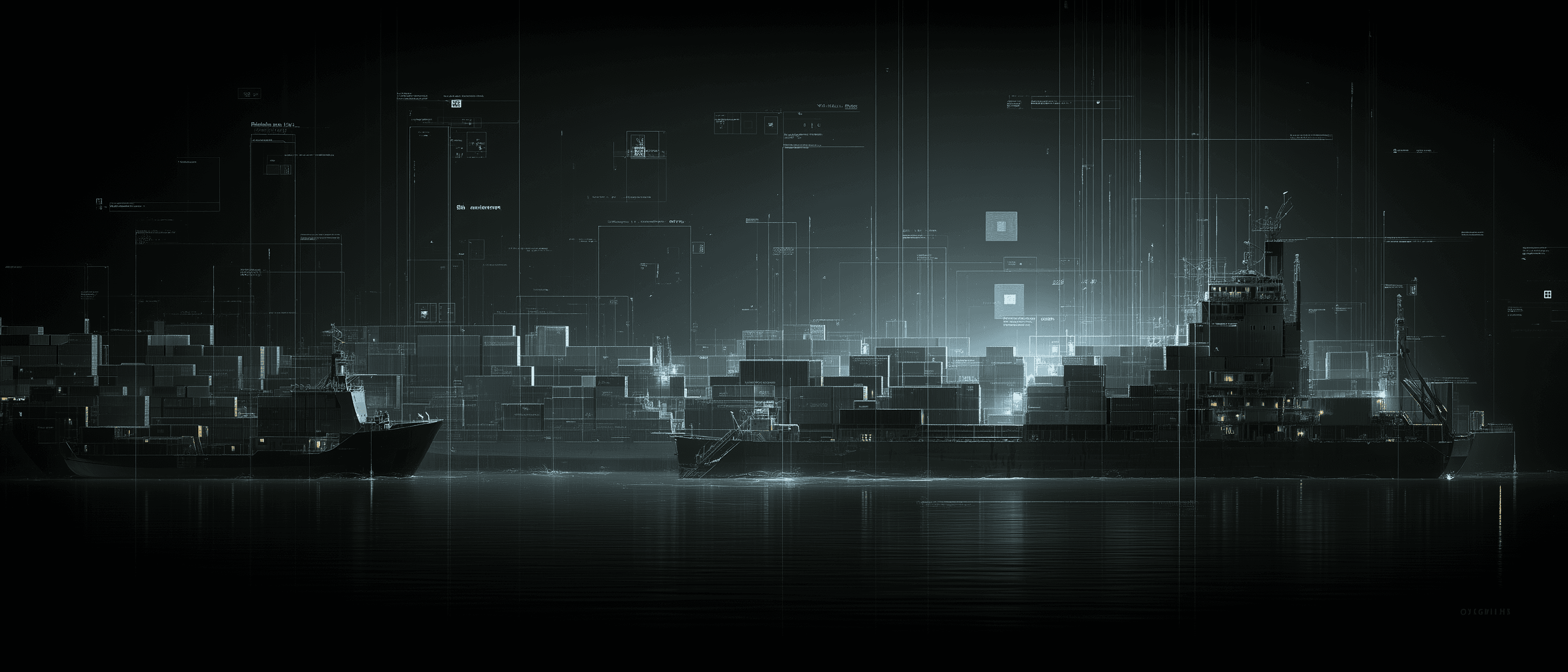 Abstract dark port scene with cargo ships, container stacks, and wireframe data overlays suggesting regulated logistics, chain of custody, and audit-grade operational control.