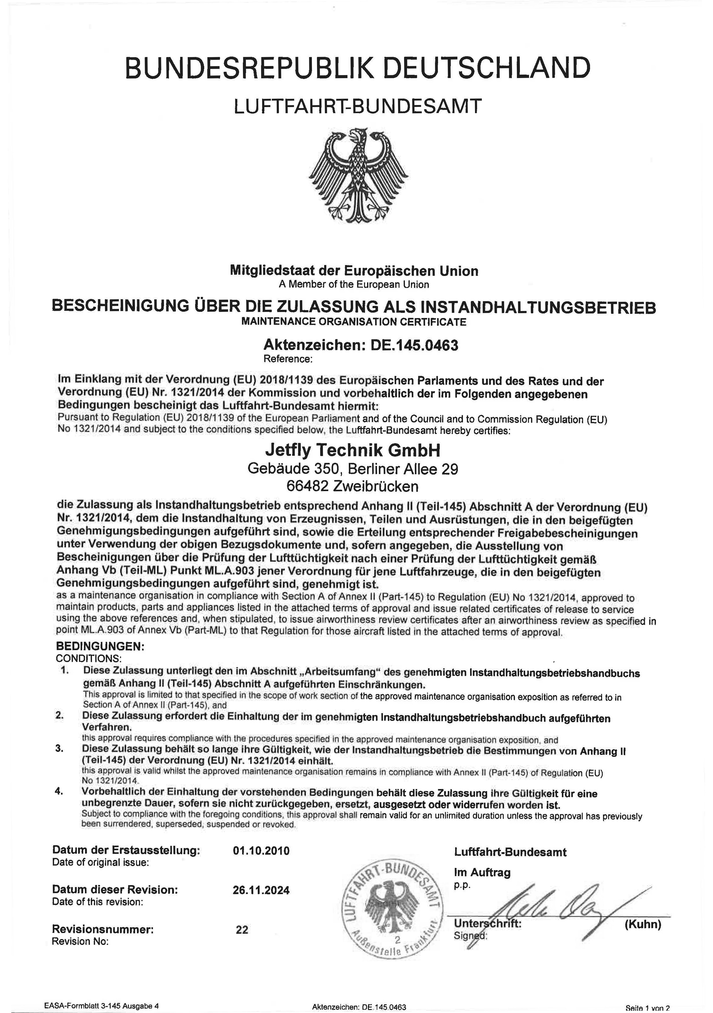 Maintenance organisation approval certificate Germany