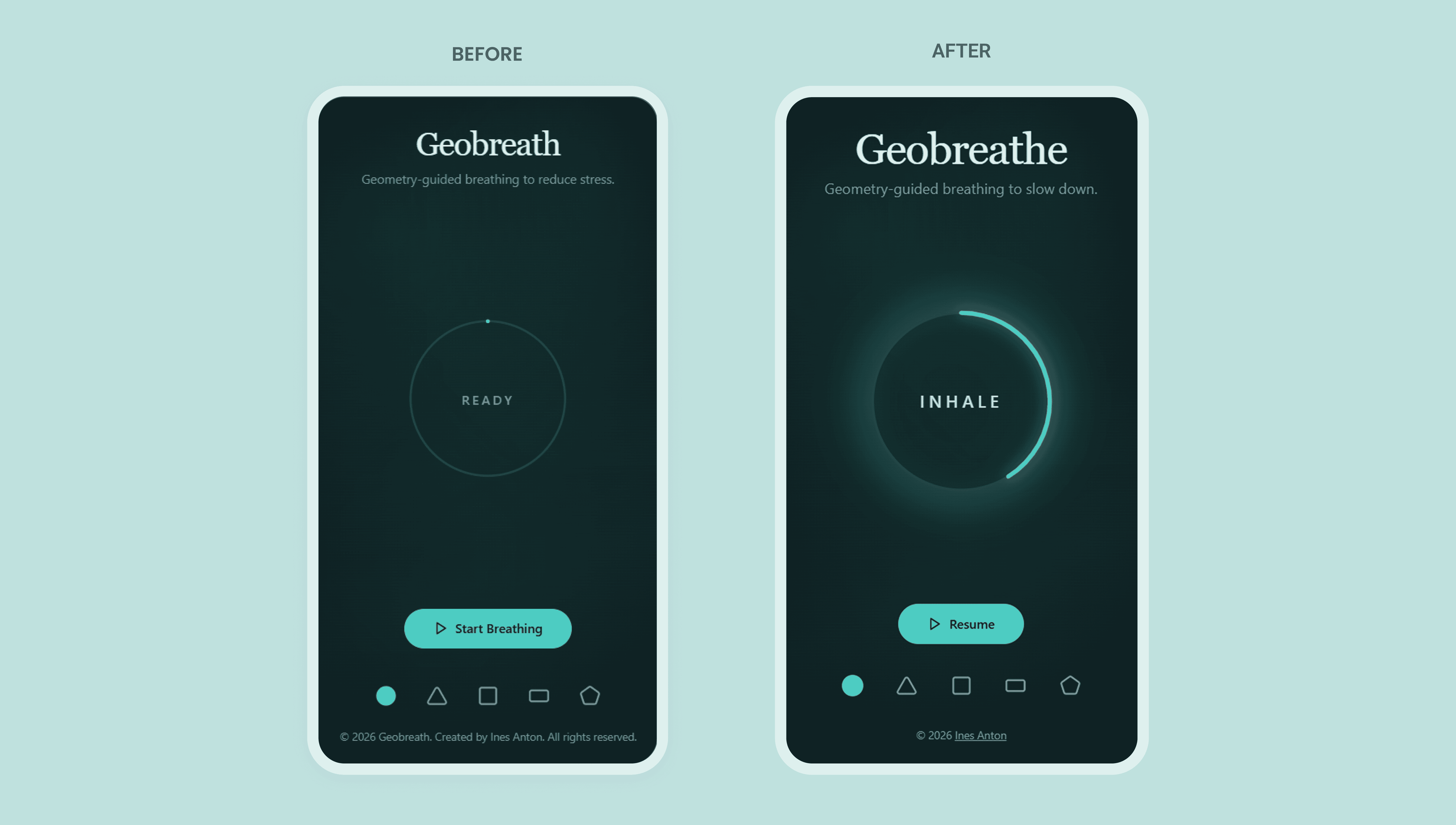 Side-by-side comparison of GeoBreath mobile interface before and after refinement, showing a darker “Ready” screen with minimal glow on the left and an improved version on the right featuring a brighter glow animation around the breathing circle, “Inhale” state text, and a clearer resume button.