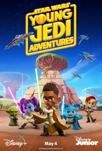 A poster for Young Jedi Adventures including four young Jedi wielding lightsabers beneath the show's logo