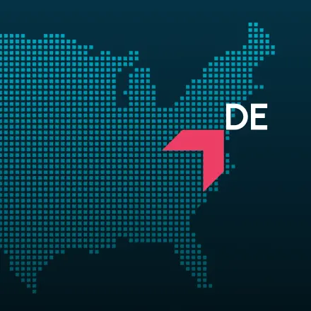 Map highlighting Delaware with a red arrow, representing GIA Group, LLC truck insurance coverage area.