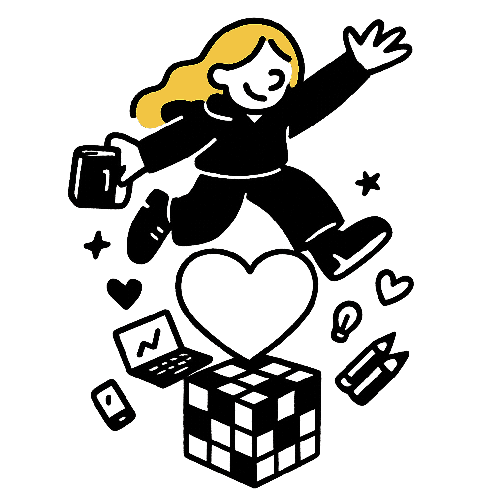 Illustration of female icon balancing on a love heart and surrounded by floating icons like a laptop, pencils and a phone