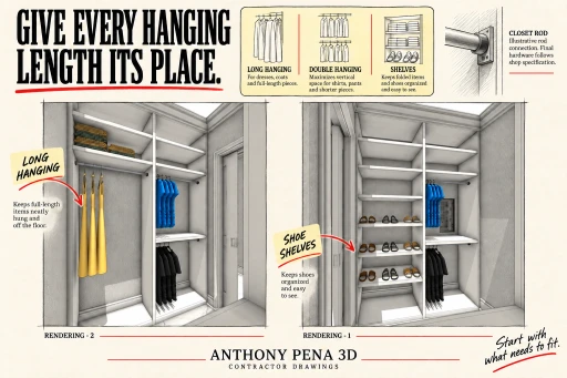 Closet cover comparing long and double hanging with an opposing shoe-shelf bay.