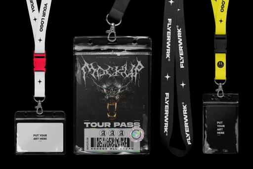Lanyard mockup displaying a detailed tour pass and ID card with realistic plastic light reflections