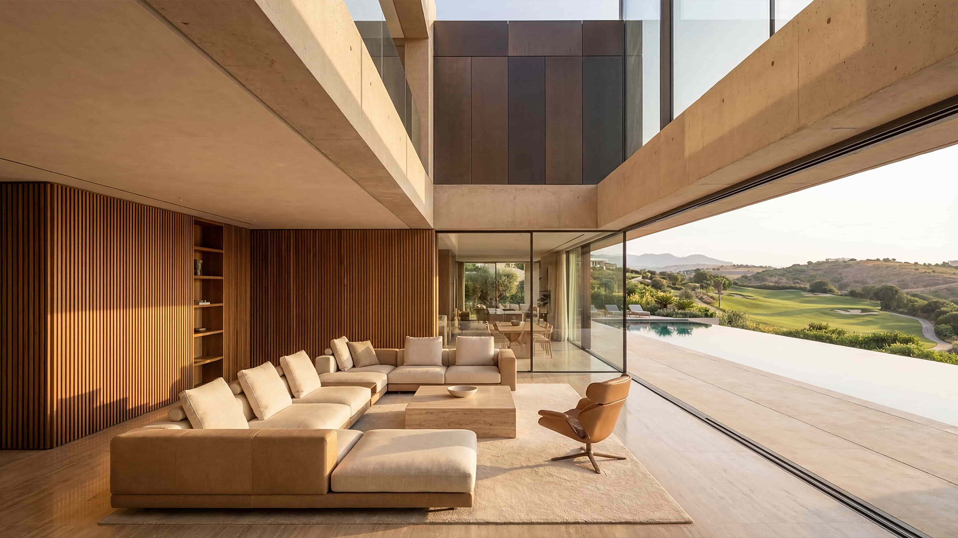 Modern luxury living room with open view to golf landscape in Marbella