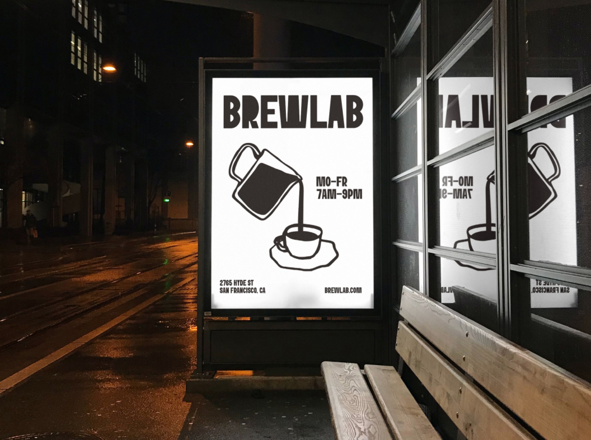 A well-lit bus stop at night features a prominent advertisement for Brewlab Coffee, showcasing a graphic of coffee being poured into a cup, accompanied by the text detailing the café's operation hours and location in San Francisco.