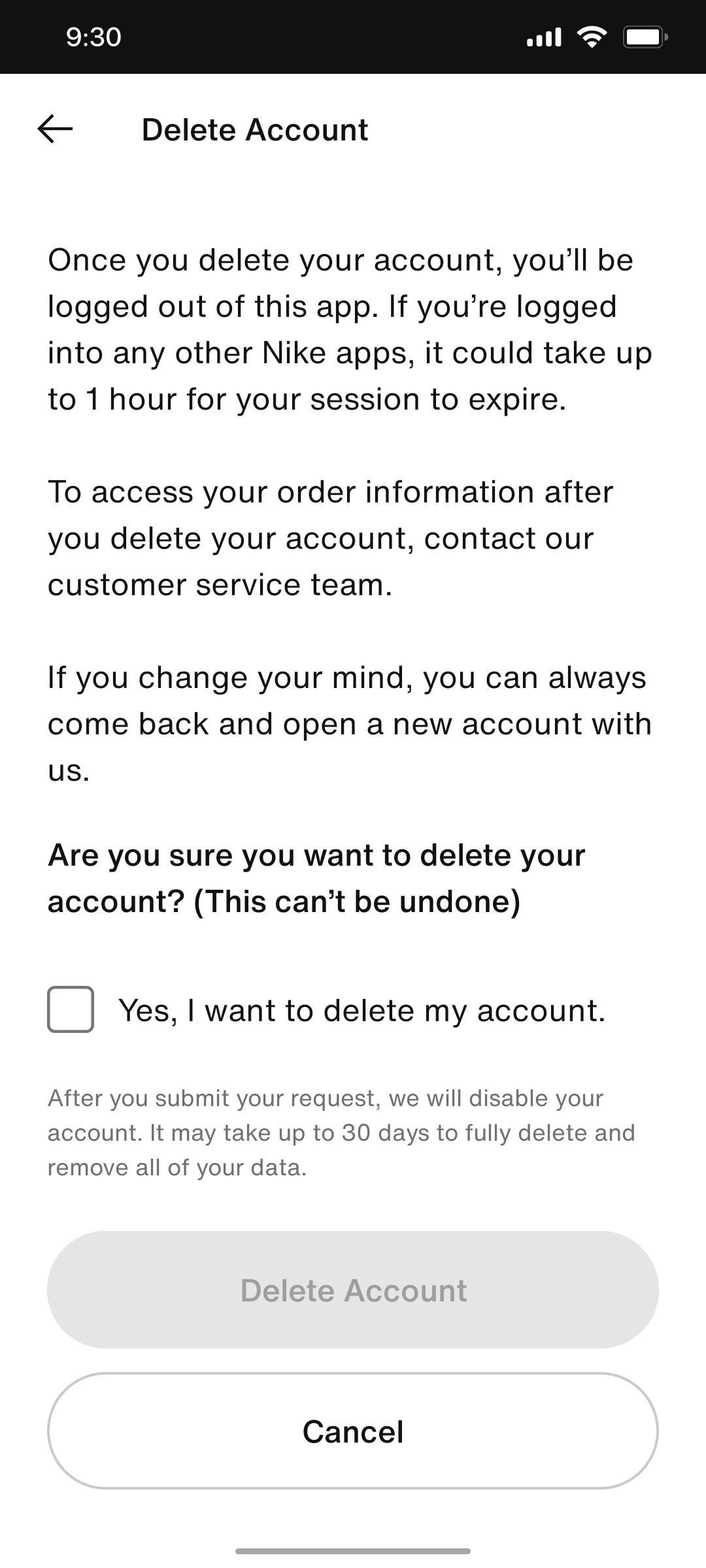 Nike App Cancel Screen