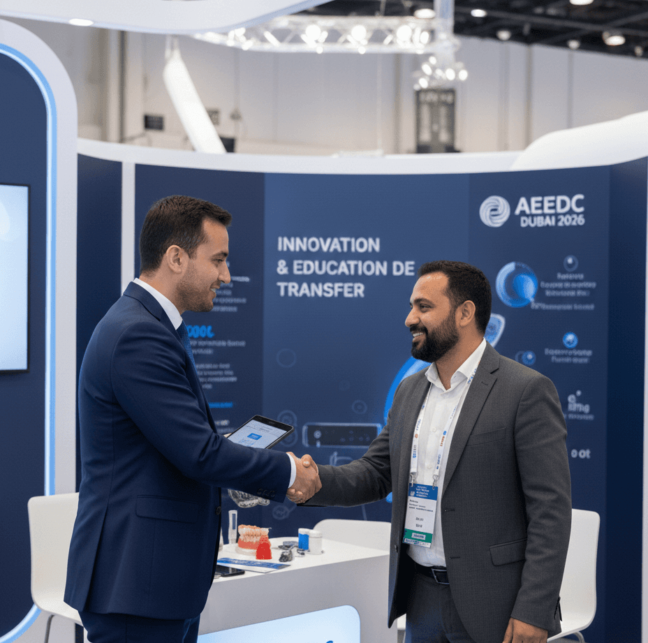 Two dental professionals in business attire engaged in a friendly conversation at a modern lounge area within an exhibition hall, with the Dubai skyline visible through large windows in the background