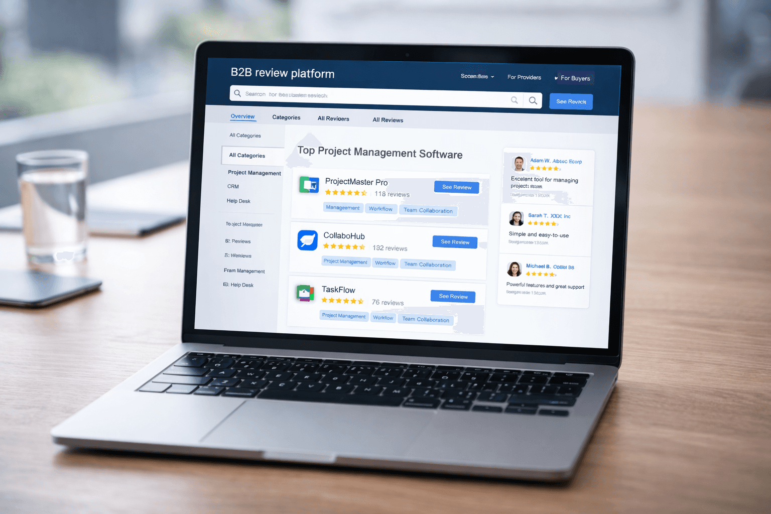  laptop showing a B2B review platform interface, professional and clean
