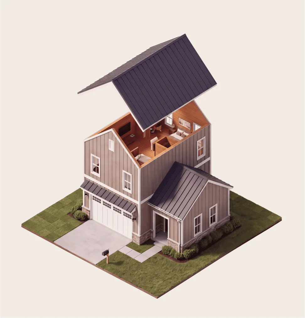 Miniature cutaway model of a house further along in construction, roof lifted to reveal a furnished interior with living room, kitchen, and stairs already in place.