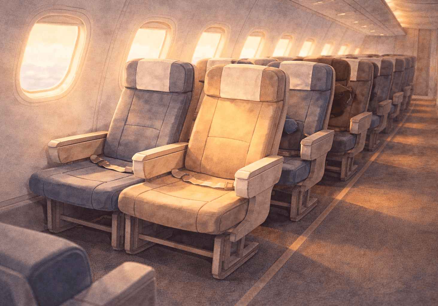 Ilustração em aquarela do interior de um avião em perspectiva horizontal, com fileiras de assentos parcialmente iluminados pela luz do sol, representando oferta limitada, demanda e variação dinâmica no valor de passagens com milhas.