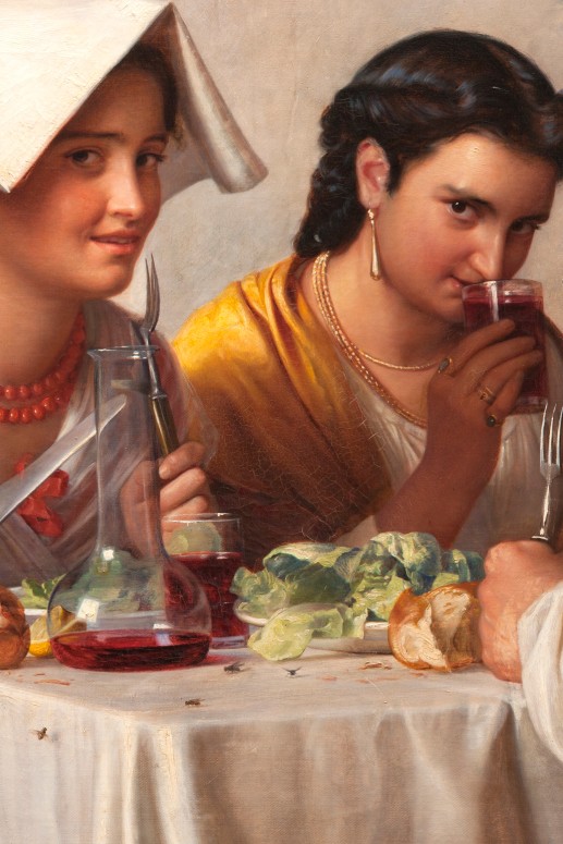 A crop of the 1866 Carl Block painting "In a Roman Osteria" showing two women.