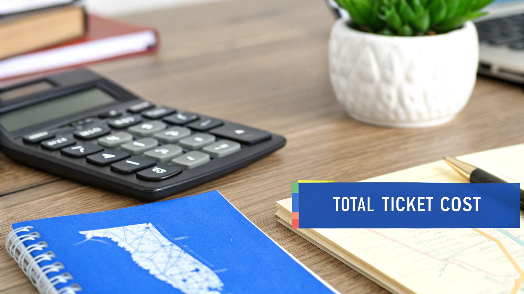 A desk scene featuring a calculator, a notebook, a plant, and a pen, with a banner stating 'TOTAL TICKET COST'.