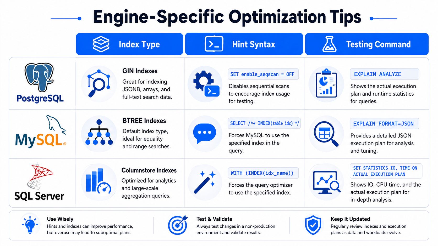 A table detailing engine-specific database optimization tips for PostgreSQL, MySQL, and SQL Server with indexing and testing commands.