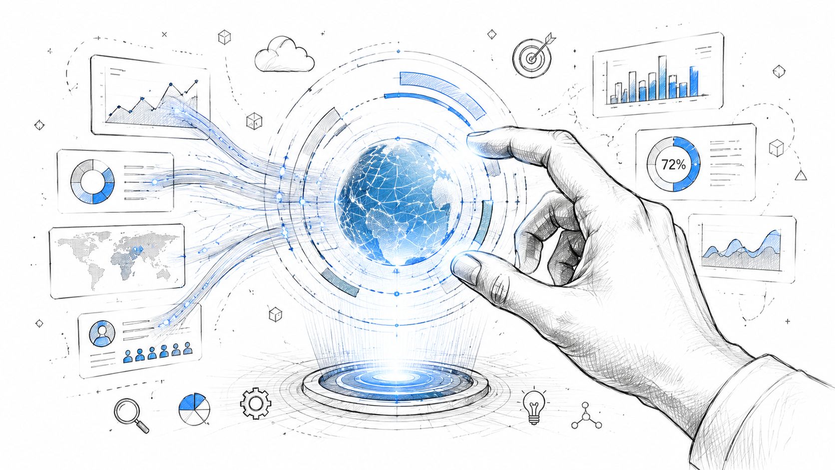 A hand interacting with a holographic globe interface surrounded by various data charts and digital analytics.