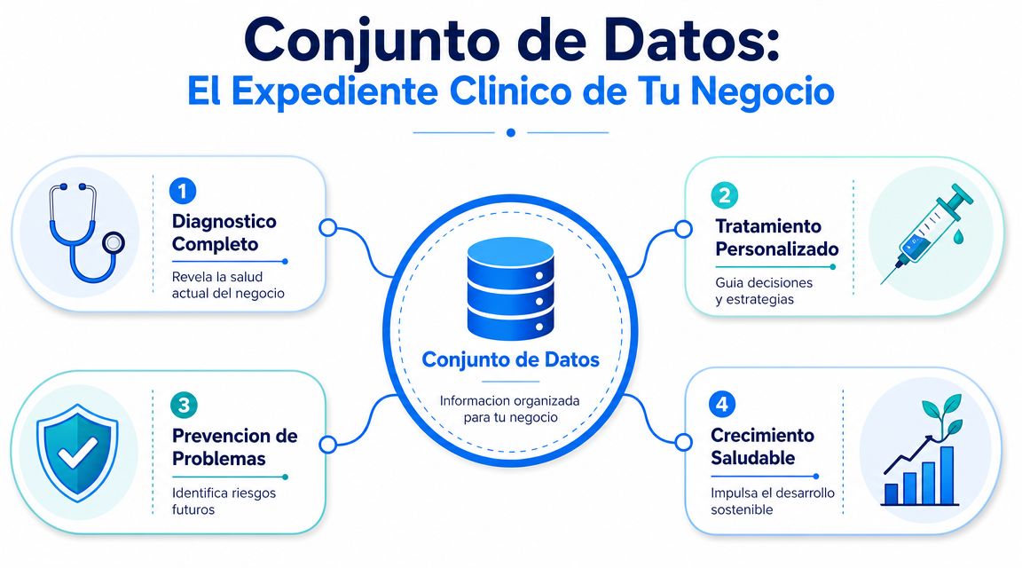Infografía sobre cómo los conjuntos de datos actúan como el expediente clínico para la salud empresarial.