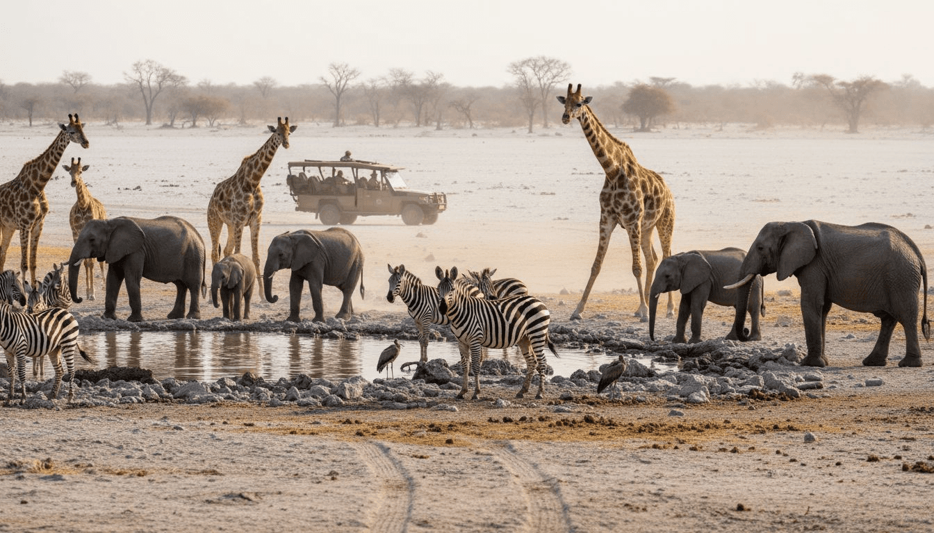Etosha wildlife at waterhole with safari vehicle