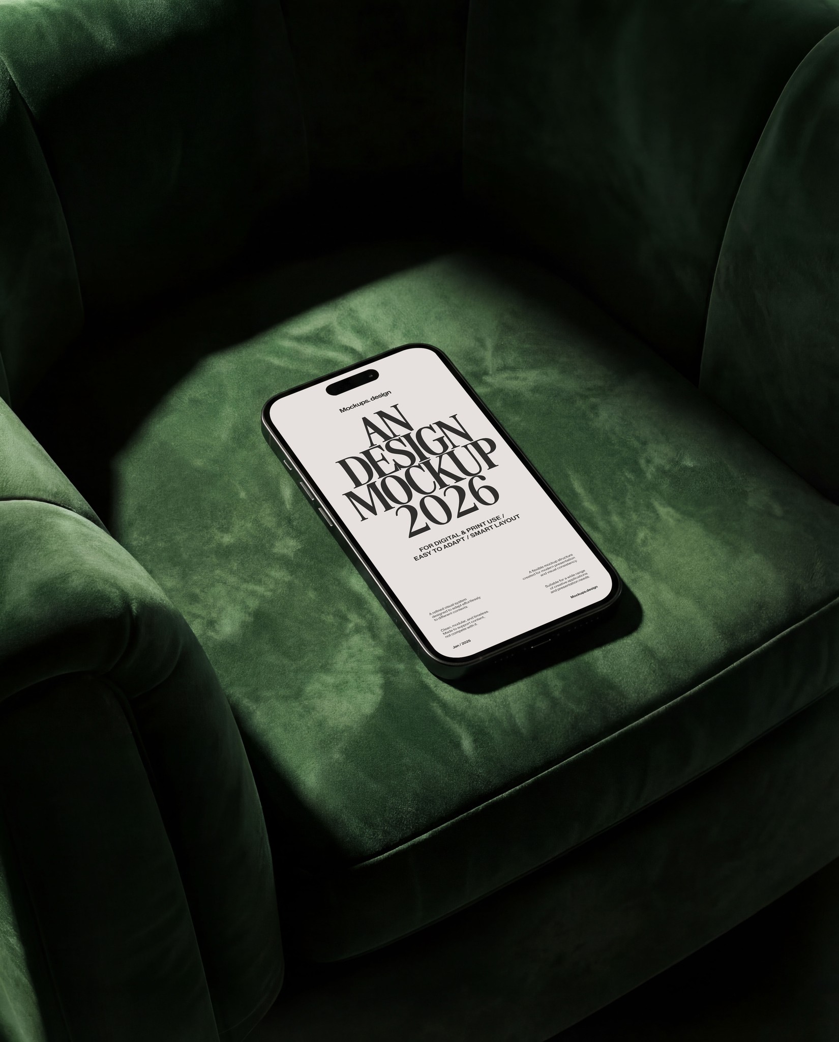 iPhone 16 on sofa mockup, lifestyle app presentation