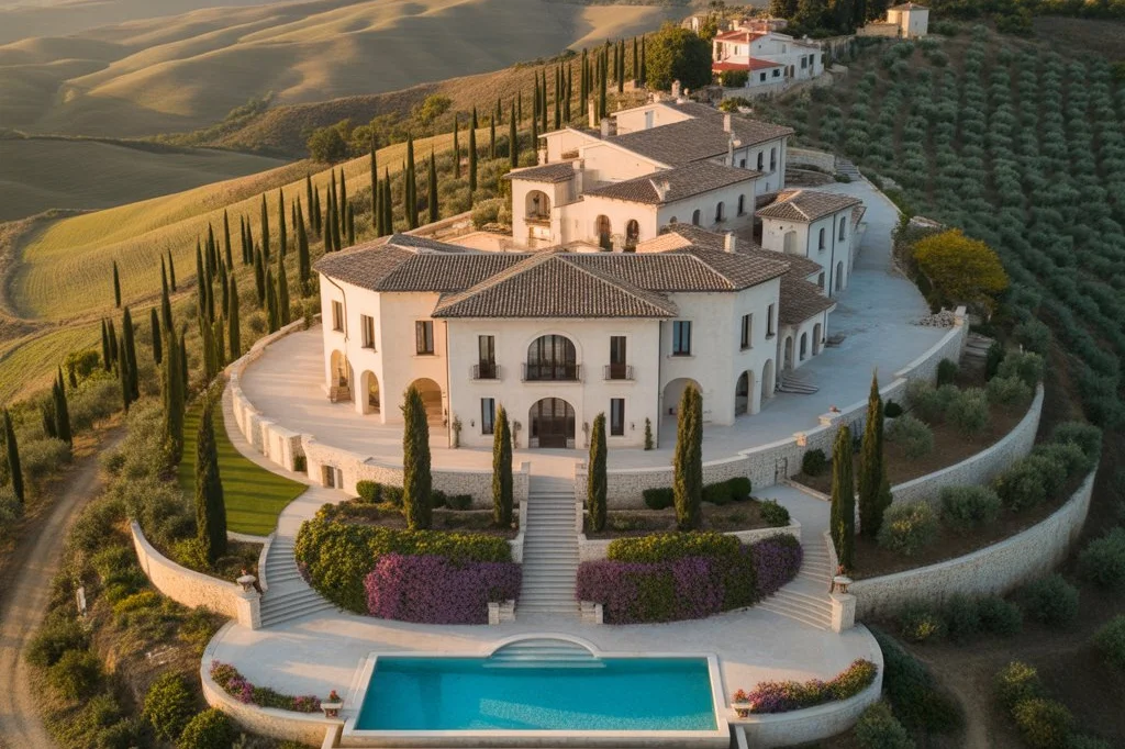 Luftaufnahme einer Toskana-Villa mit Pool und Zypressen – Ferienimmobilien und Villen versichern