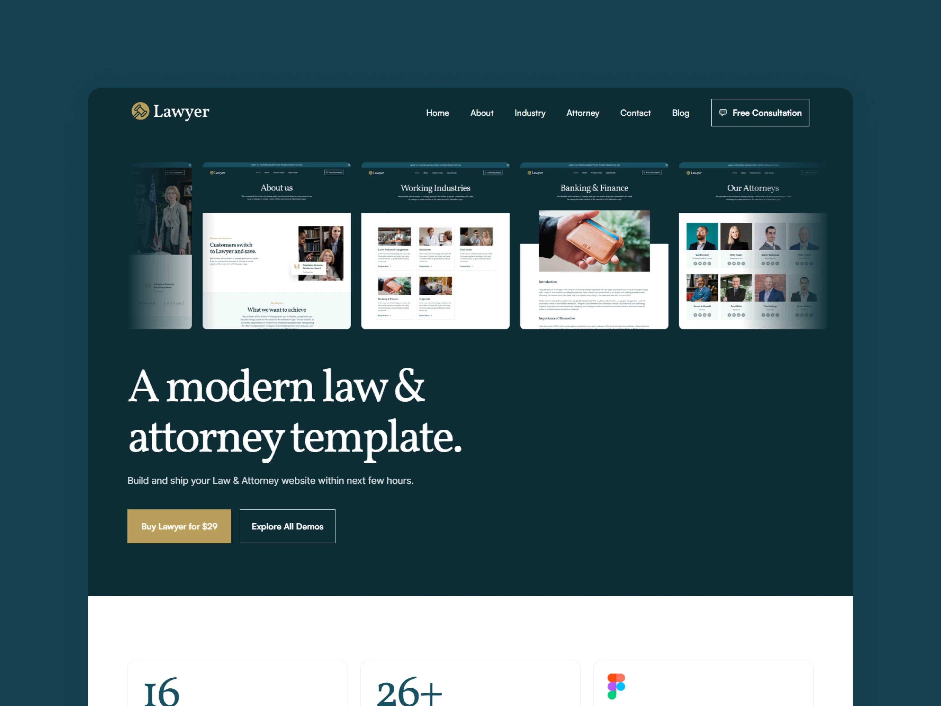 Lawyer website template featuring dark teal UI and a carousel of page layouts.