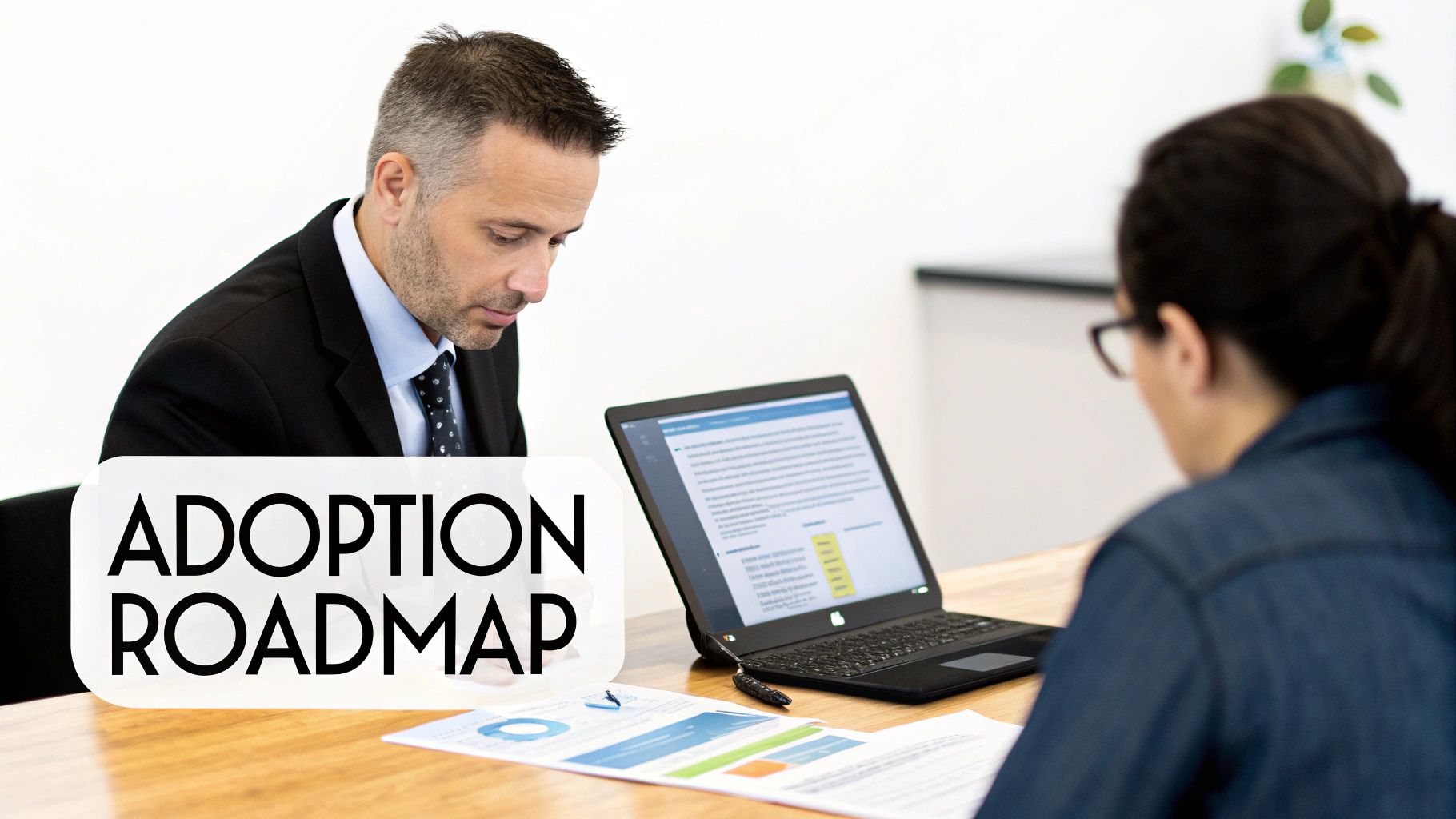 Businessman and colleague reviewing an 'ADOPTION ROADMAP' on a laptop with documents.