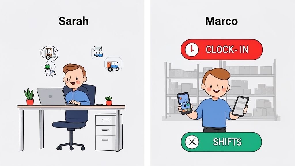 Digital workplace illustration featuring Sarah at a desk and Marco using a mobile app for work tasks.