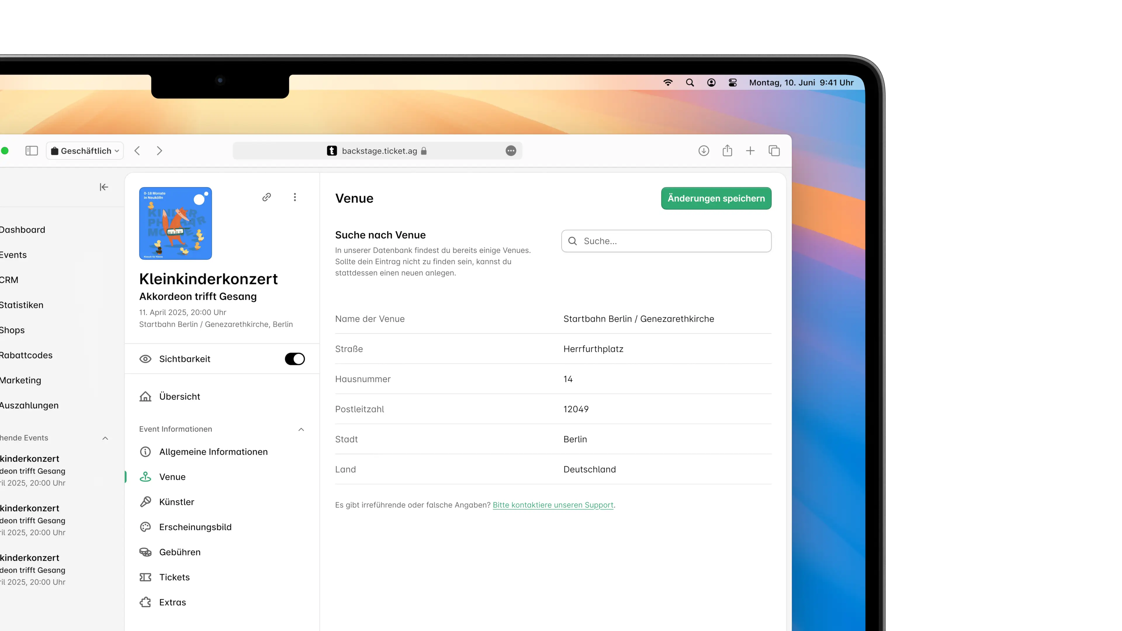 Nutzeroberfläche zum Suchen und Hinzufügen einer Venue