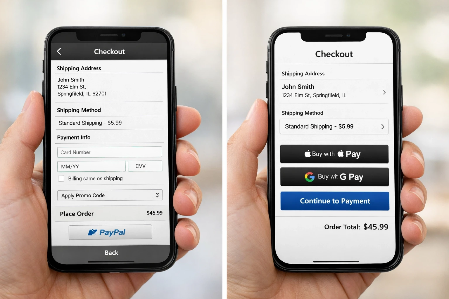 Mobile checkout optimization comparison showing improved design with express payment options