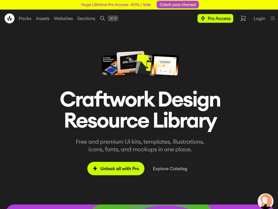Craftwork Design Library webpage with UI resources and Pro Access offer.