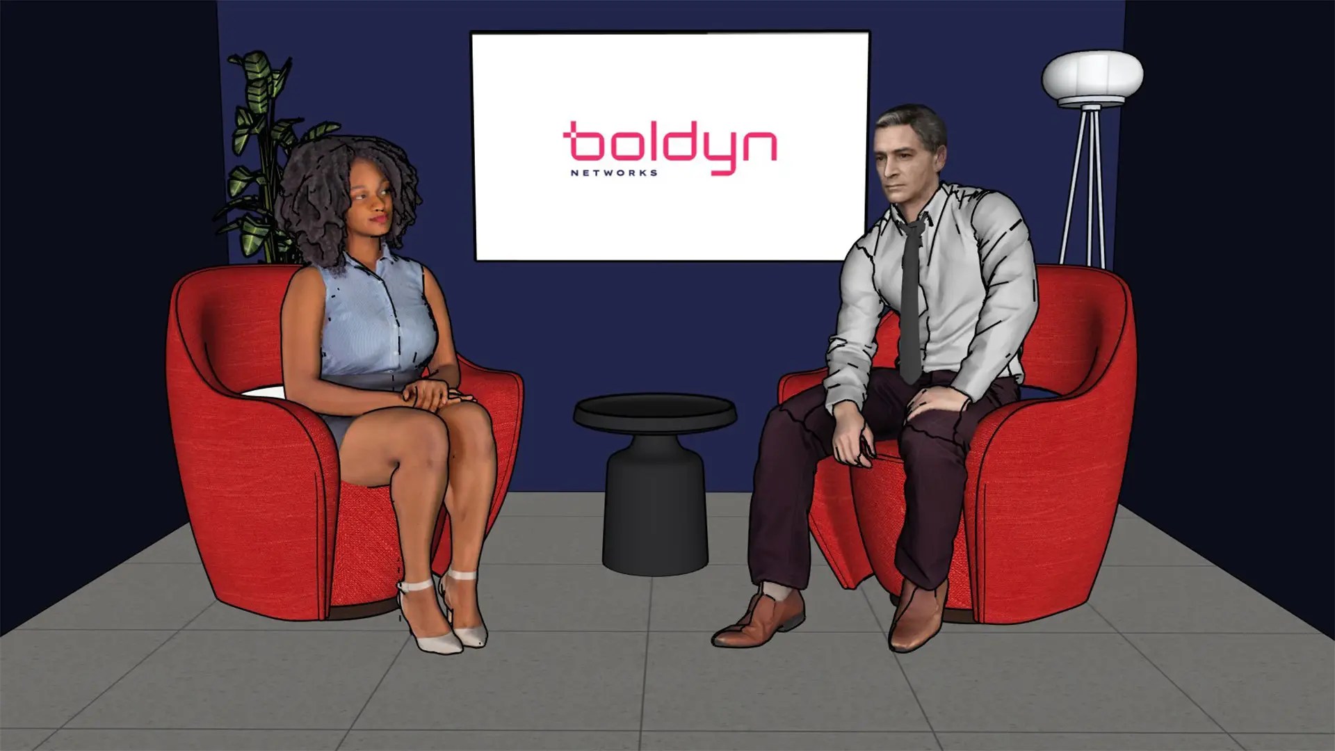 3D visualisation of a bespoke interview set design, created during pre-production planning to map filming layouts, branding elements and camera positions before build and installation.