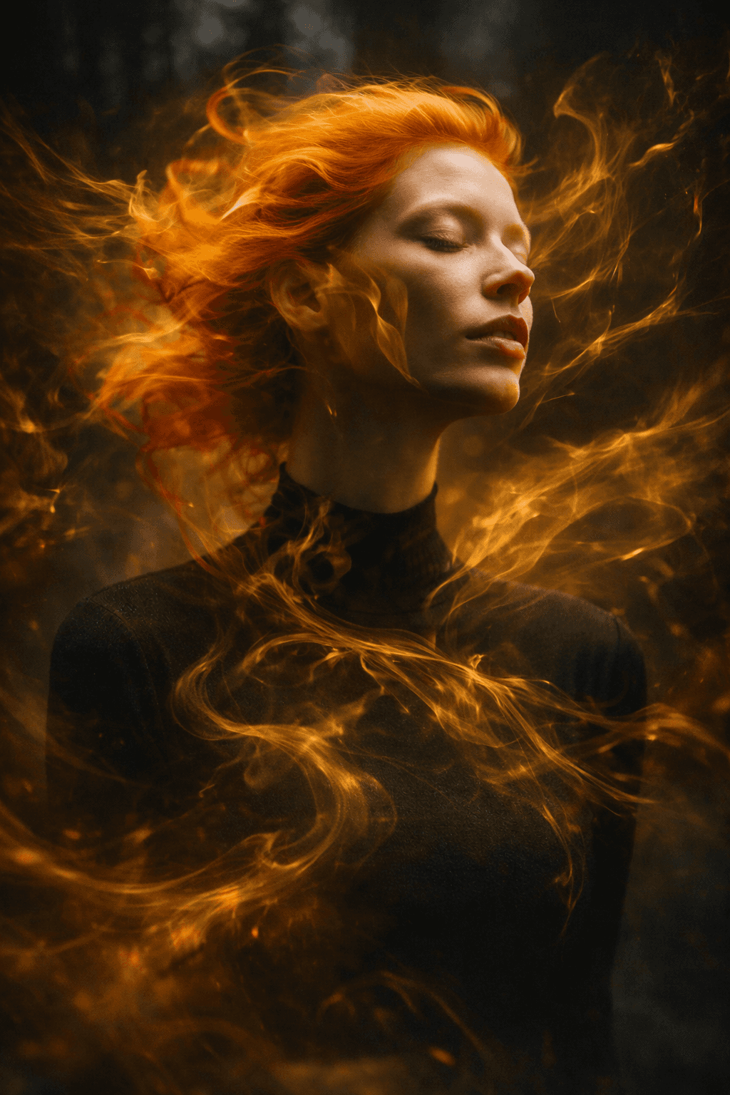 A serene woman with fiery red hair gently floating around her, enveloped in swirling, ethereal orange and gold wisps, set against a dark, mystical background, exemplifying artistic creativity and precision, reminiscent of graphic design by Optima Quality Solutions.