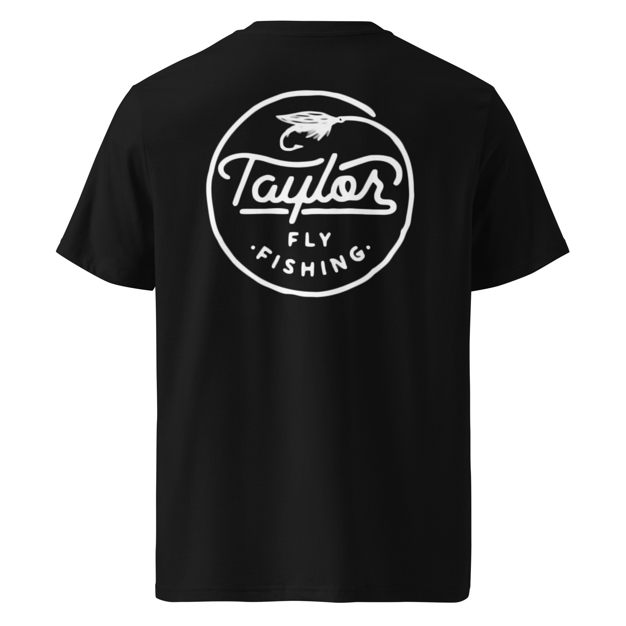 taylor fly fishing script t-shirt black with fly being cast