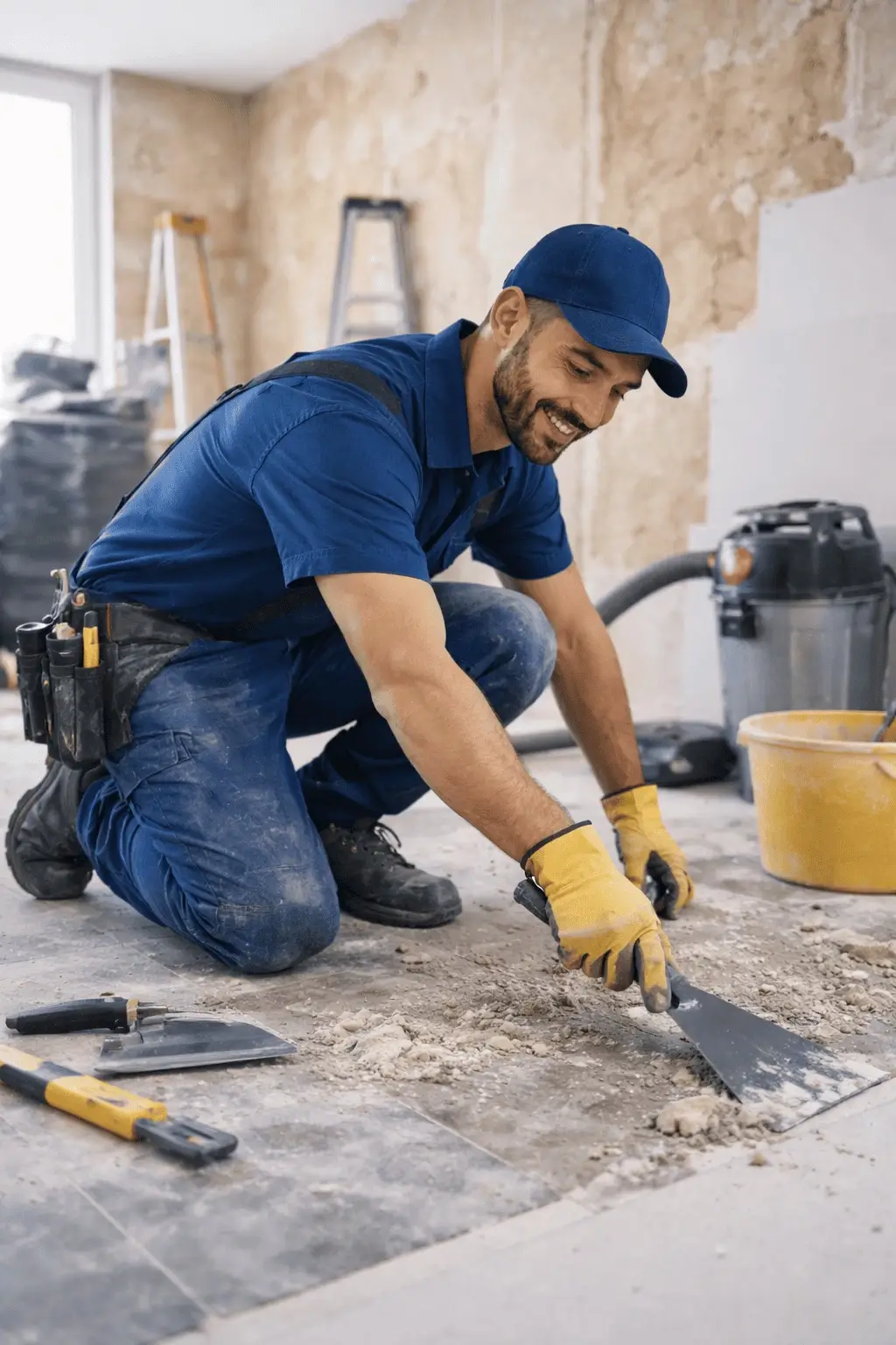 Facharbeiter entfernt alte Bodenreste bei Renovierungsarbeiten in einer Wohnung.