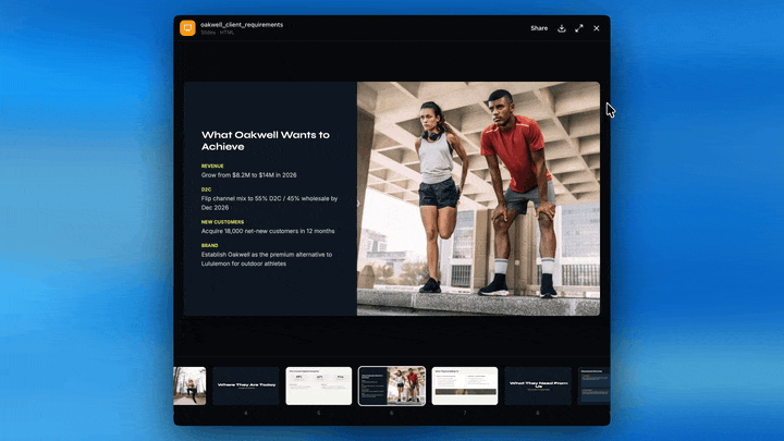 Presentation deck editor displaying an Oakwell brand strategy slide with metrics and goals, showing Supernormal's capability to generate polished decks from meetings.