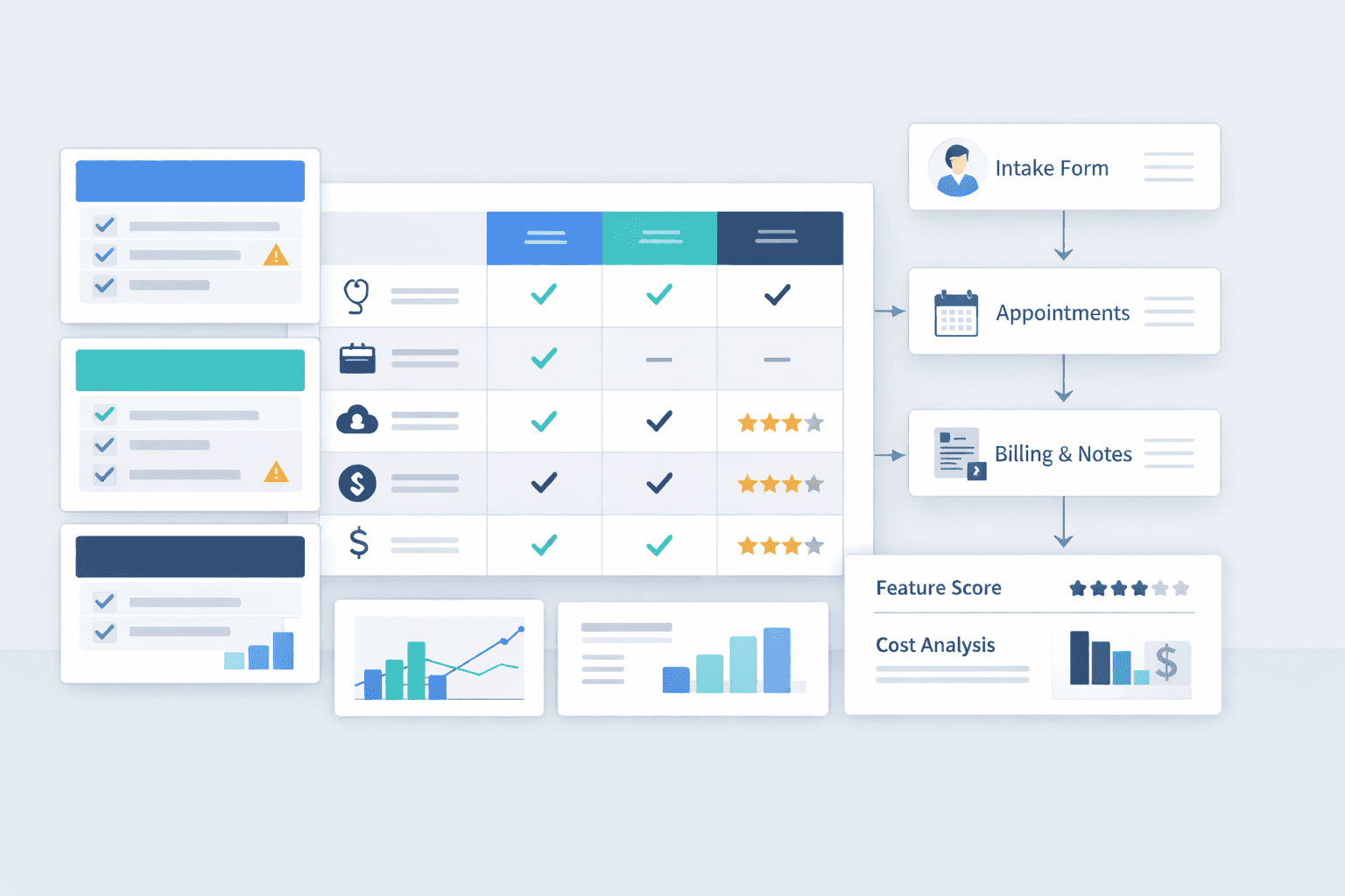 Illustration of an objective EMR comparison framework showing a structured vendor comparison grid with feature checkmarks, workflow cards, evaluation scores, and cost analysis panels connected to a simplified clinical workflow pipeline (intake, appointments, billing).