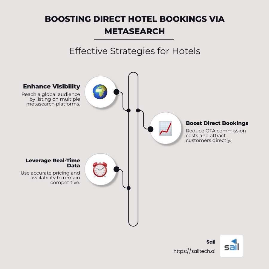 Infographic depicting steps to boost direct bookings via metasearch platforms - direct booking hotel metasearch infographic infographic-line-3-steps-neat_beige